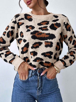 Round Neck Retro Commute Leisure Contrast Color Leopard Print Pullover Sweater