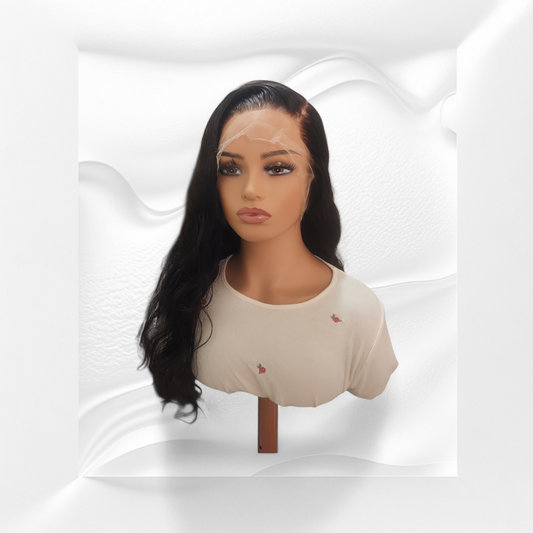 Mannequin head with long black hair on a white background