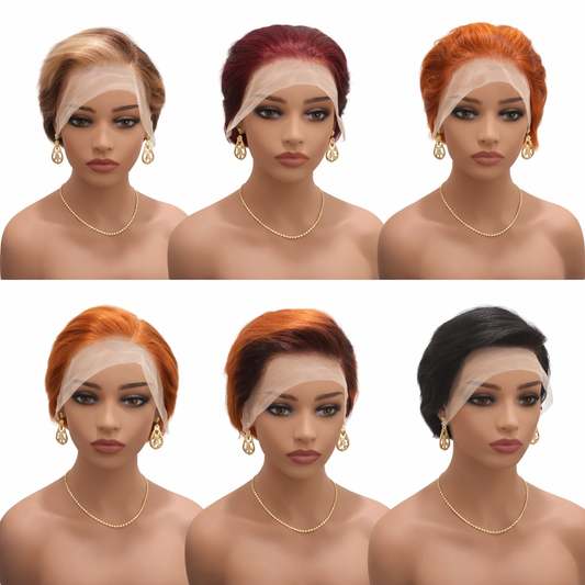 Pixie wig collection with six colors on mannequin heads – Golden Blonde, Burgundy Red, Bright Copper Orange, Ginger Orange, Copper Auburn and Natural Black | MartBeauty LLC