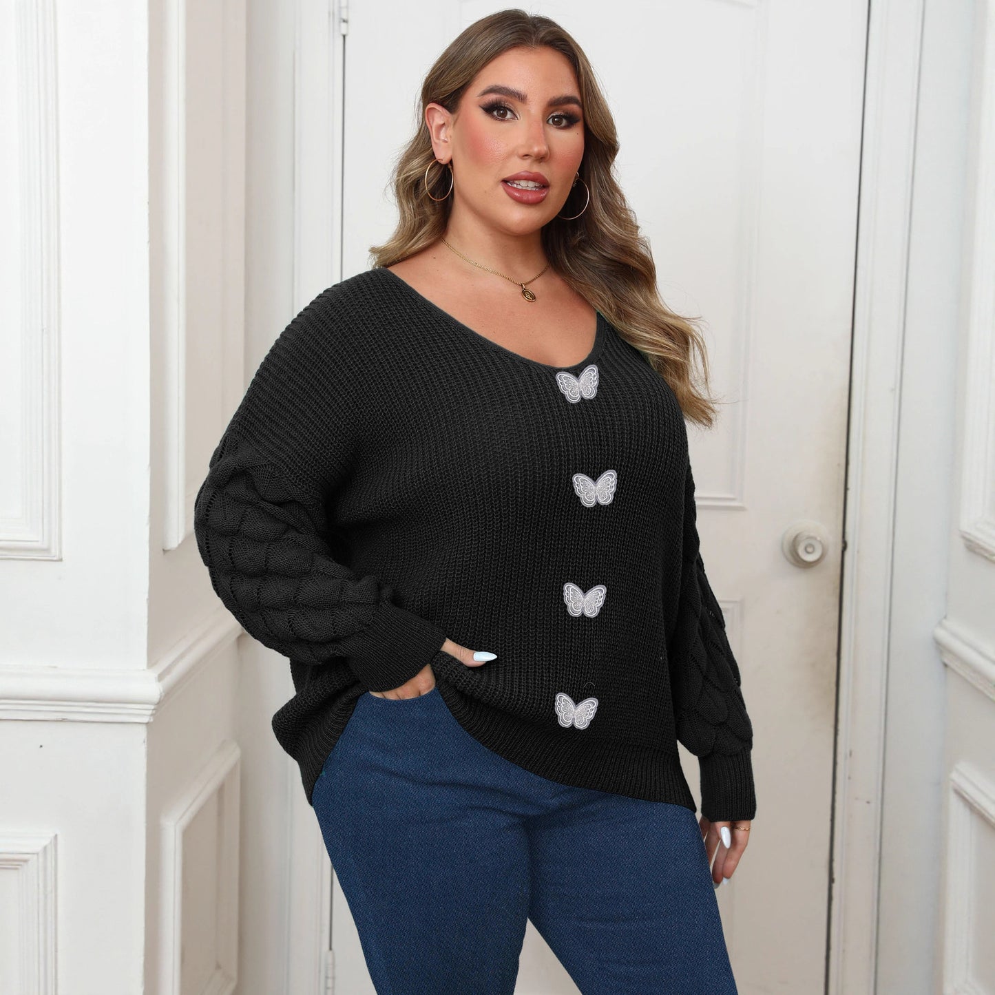 Plus Size Women's Pineapple Sleeve Stitching Deep V Woven Lace Butterfly Sweater