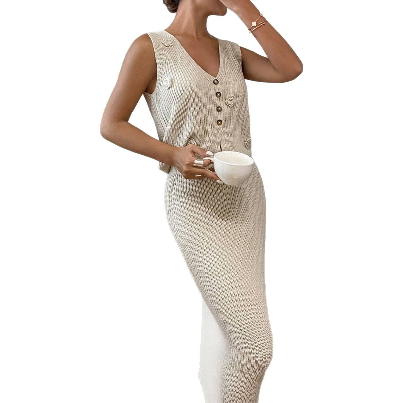Three-dimensional Flowers Knitted Fitted Waist Sleeveless Waistcoat Vest Two-piece Set
