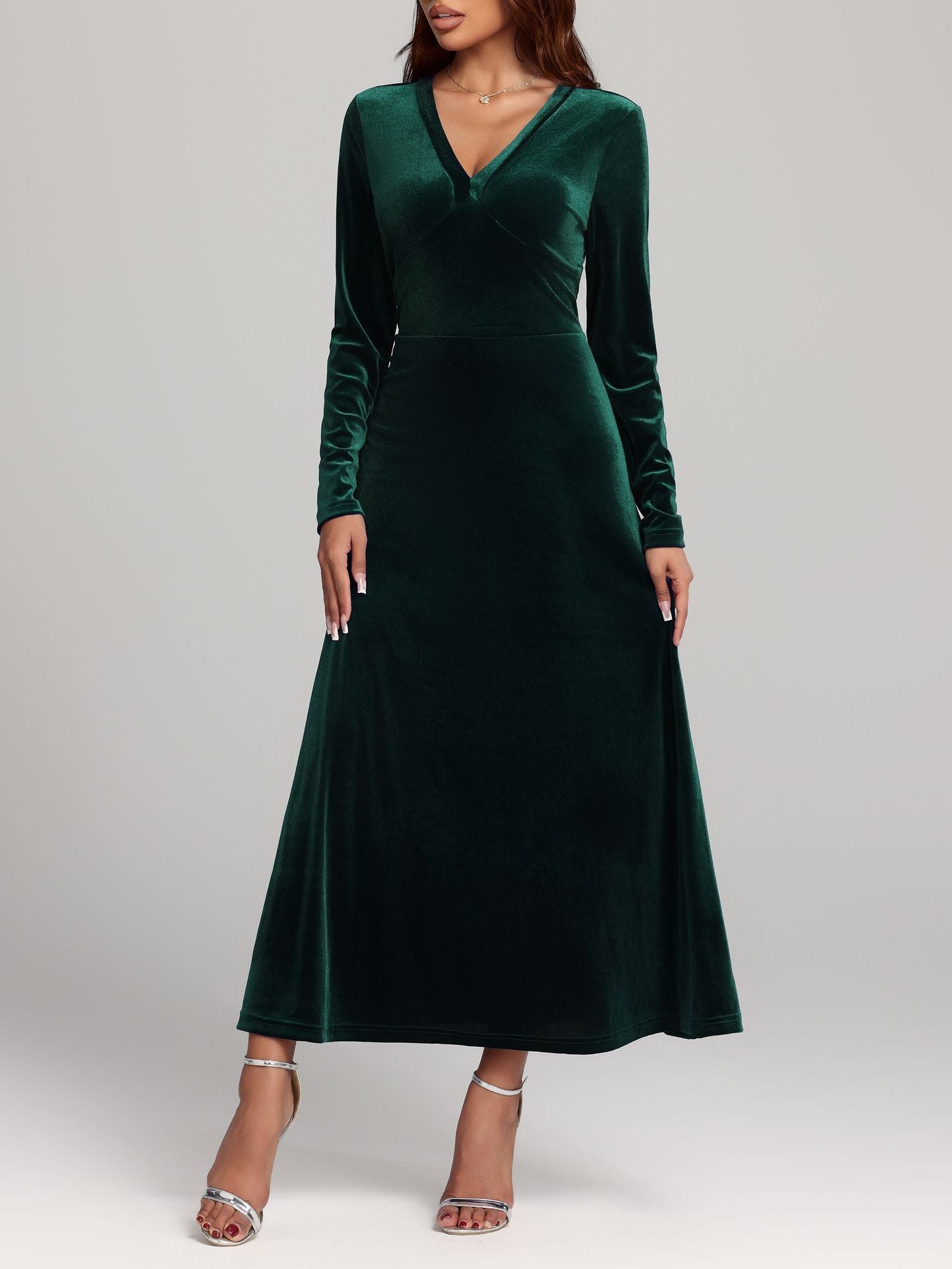 Elegant V-neck Long Sleeved Gold Velvet Evening Dress Women's Clothing - Fashionable And Comfortable Autumn And Winter Party Dress