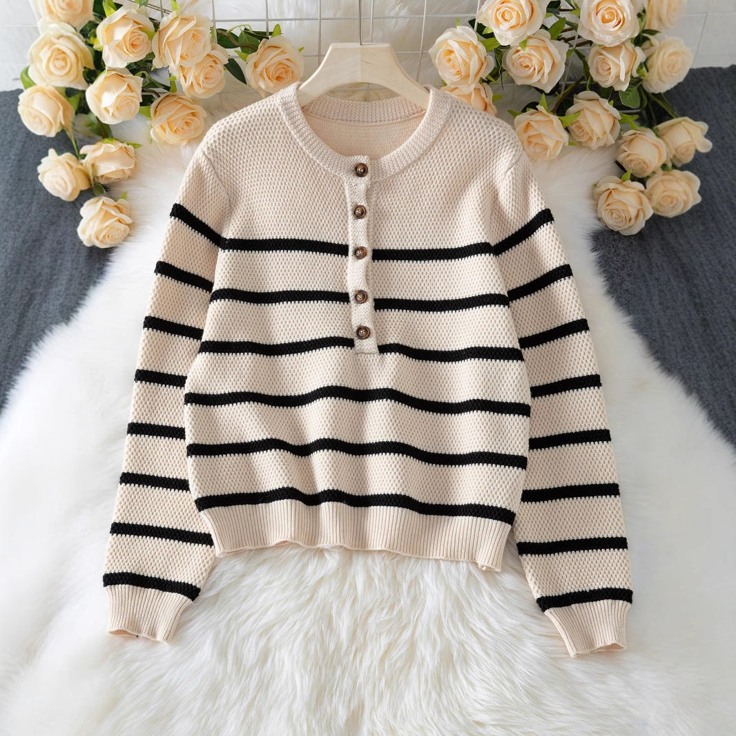 Striped Pullover Top Fashion Cardigan With Buttons Sweater Women