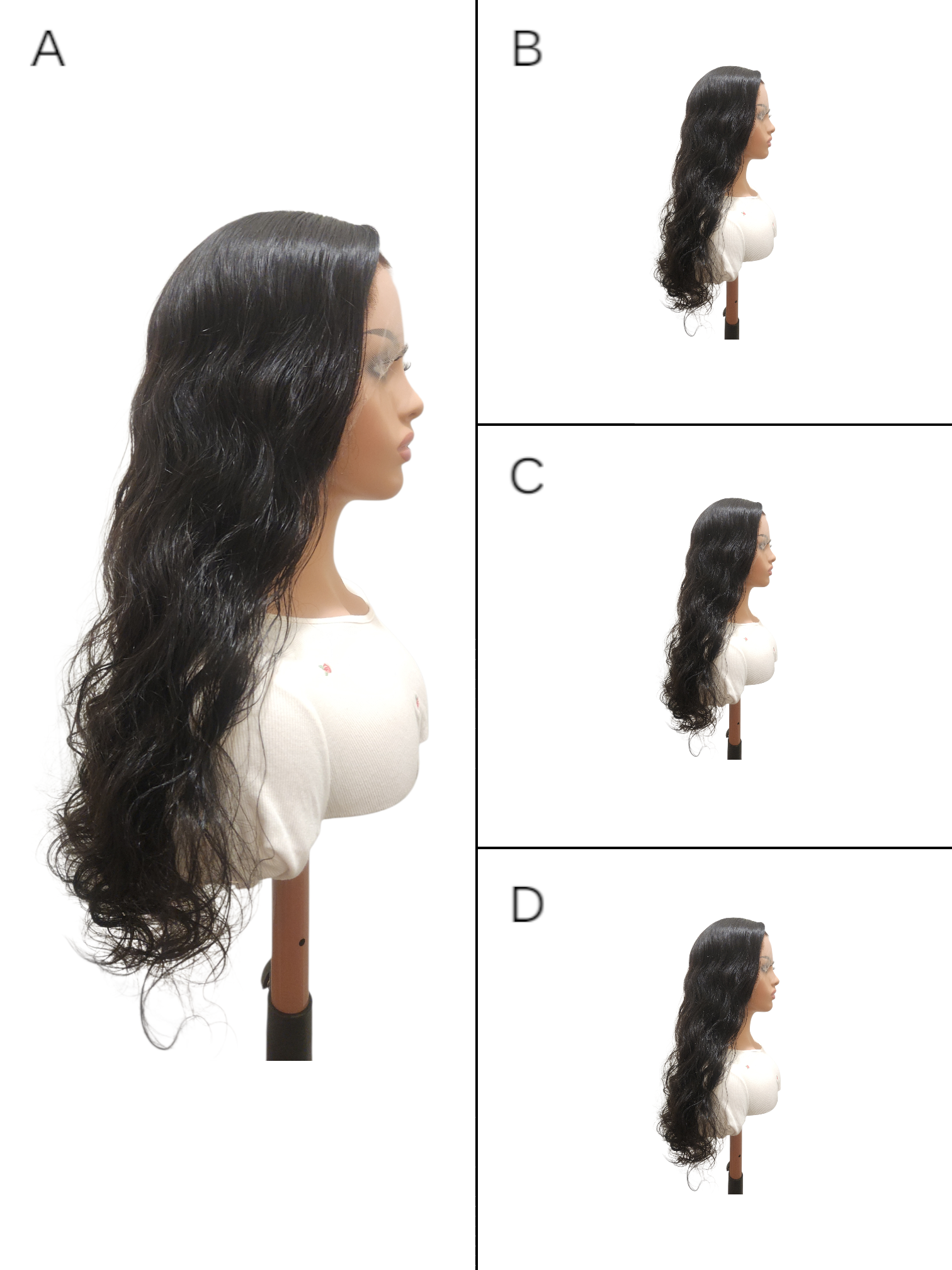 Mannequin head with long black hair and a white blouse on a white background