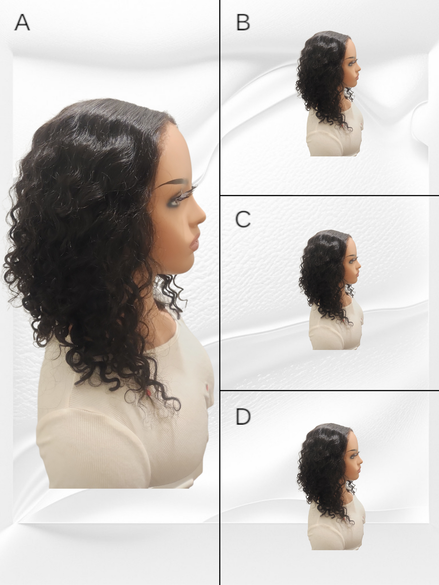 Wig display with multiple angles on a white background