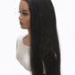 Mannequin head with long black hair on a white background
