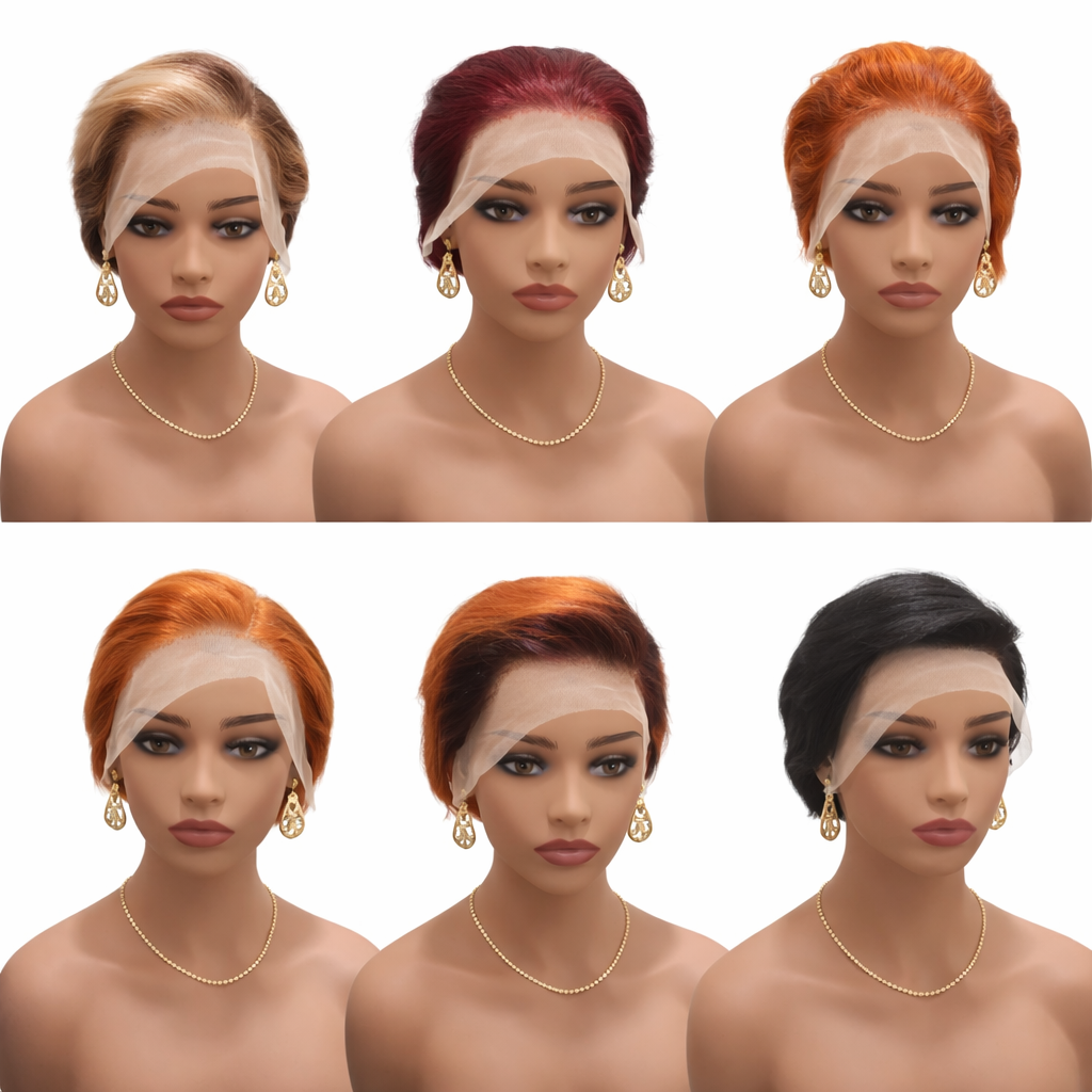 Pixie wig collection with six colors on mannequin heads – Golden Blonde, Burgundy Red, Bright Copper Orange, Ginger Orange, Copper Auburn and Natural Black | MartBeauty LLC